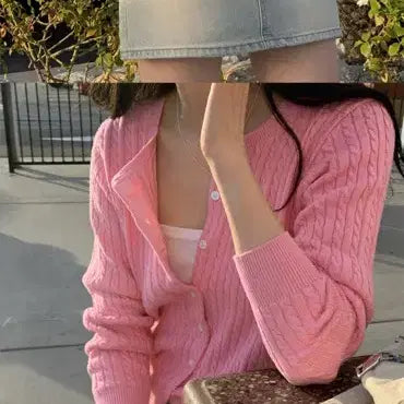 [BUNJANG] Minibbong Classic Cotton Cable Knit Crop Cardigan - Pink / 미니뽕 클래식 코튼 100 케이블 라운드넥 크롭 가디건 - 핑크