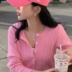 [BUNJANG] Minibbong Classic Cotton Cable Knit Crop Cardigan - Pink / 미니뽕 클래식 코튼 100 케이블 라운드넥 크롭 가디건 - 핑크