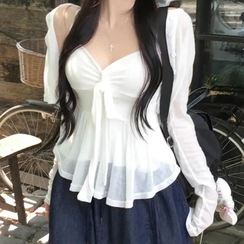 [BUNJANG] Avely Ribbon Frill Shirring Tank Top Cardigan Set / 에이블리 리본 프릴 셔링 나시 가디건 세트