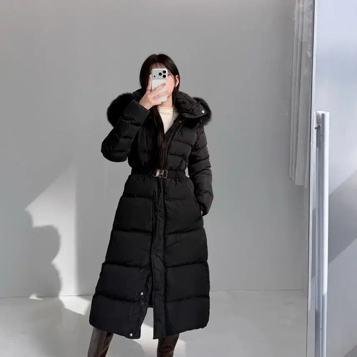 [BUNJANG] Long Padded Fox Fur Hooded Duck Down Belted Coat / 1탄 라이트미 폭스퍼 후드 덕다운 벨트 롱패딩