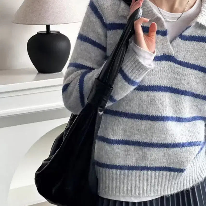[BUNJANG] Striped Collar Knit Shirt / 스트라이프 카라넥 니트 셔츠