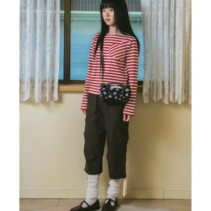 [BUNJANG] The Museum Visitor Heart Stripe Long T-Shirt (Wine) / 더뮤지엄비지터 HEART STRIPE LONG T-SHIRT (WINE)