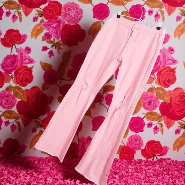 [BUNJANG] Pink Cotton Damage Bootcut Pants / 여성55/ 핑크 스판 데미지 코튼팬츠 35-165