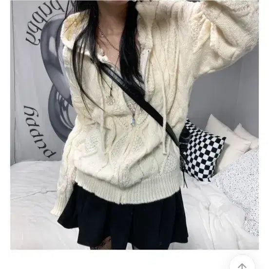[BUNJANG] 미유 꽈배기 아가일 후드 루즈핏 니트 집업 가디건 아이보리 후드집업 양털 / 미유 꽈배기 아가일 후드 루즈핏 니트 집업 가디건 아이보리 후드집업 양털