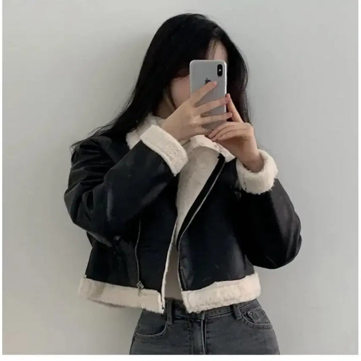 [BUNJANG] The Pink Crop Leather Jacket / 지그재그 에이블리 더핑크 크롭 레더자켓 무스탕