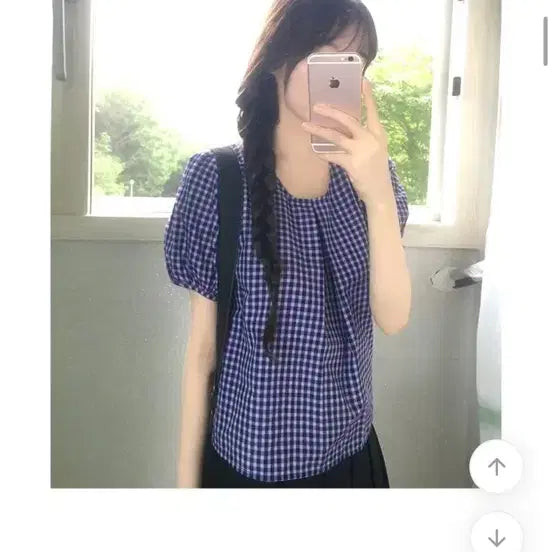 [BUNJANG] Omut Checkered Puff Sleeve Blouse / 체크 퍼프 반팔 블라우스 오무트 스쿨룩 빈티지 레이어드 모래하우스