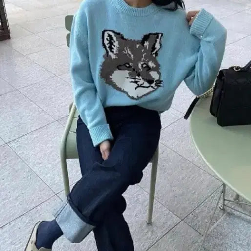 [BUNJANG] Maison Kitsune Big Fox Head Wool Sweater / 메종키츠네 빅폭스 헤드 여우 100%울 여성 스웨터 니트 아쿠아