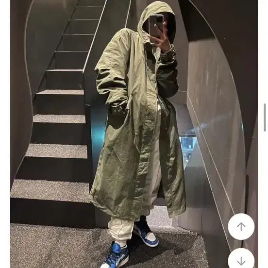 [BUNJANG] Black Up Hooded Long Yasan Windbreaker Jacket / 나일론 후드롱야상 블랙 바람막이 고프코어 블랙업 바온