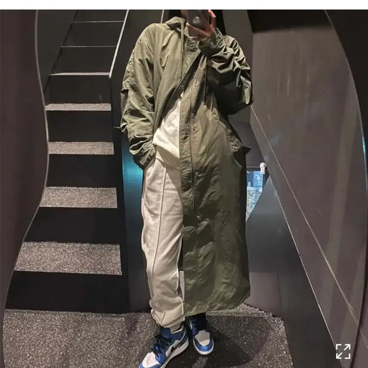 [BUNJANG] Black Up Hooded Long Yasan Windbreaker Jacket / 나일론 후드롱야상 블랙 바람막이 고프코어 블랙업 바온