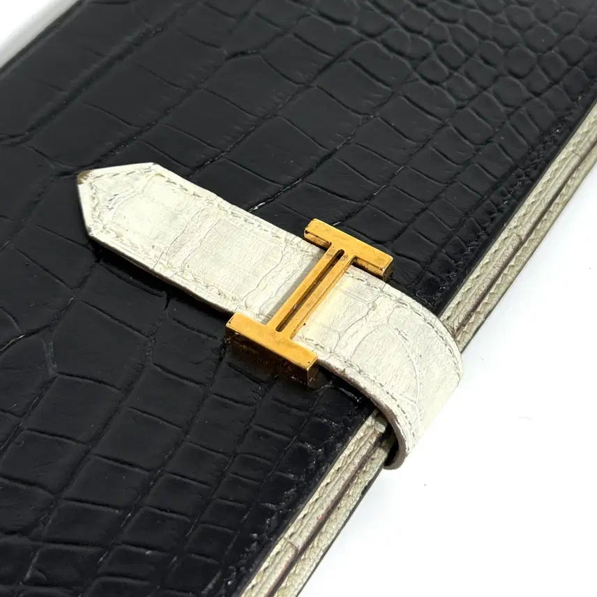 [BUNJANG] Hermès Béarn Soufflet Crocodile Long Wallet Black / 에르메스 베안와니 크로커다일 장지갑 투톤블랙 [D]