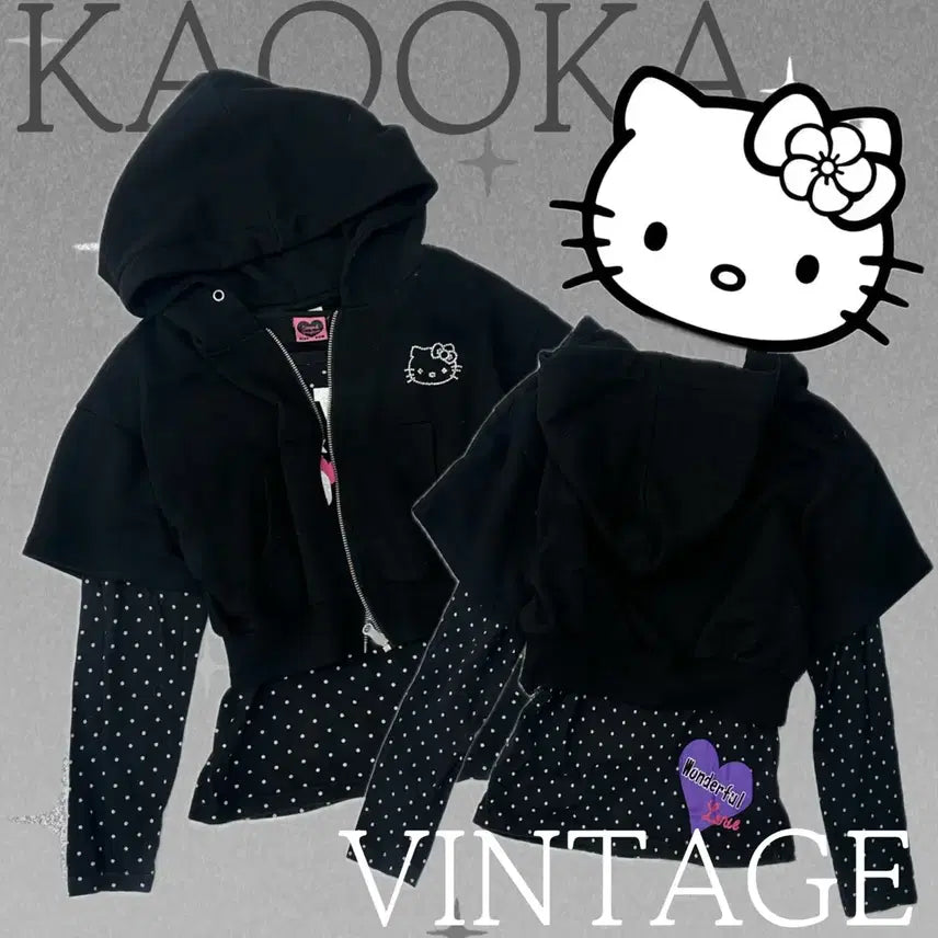 [BUNJANG] Sanrio Hello Kitty Dot Print Hooded Zip-up Top Set / 일본빈티지 산리오 키티 후드집업 도트 지뢰계 블랙 상의코디세트