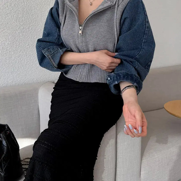 [BUNJANG] Denim Frill Knit Hoodie Jacket / 데님배색 프릴니트후드 집업 데님자켓 니트집업 여친룩 데이트룩 에이블리