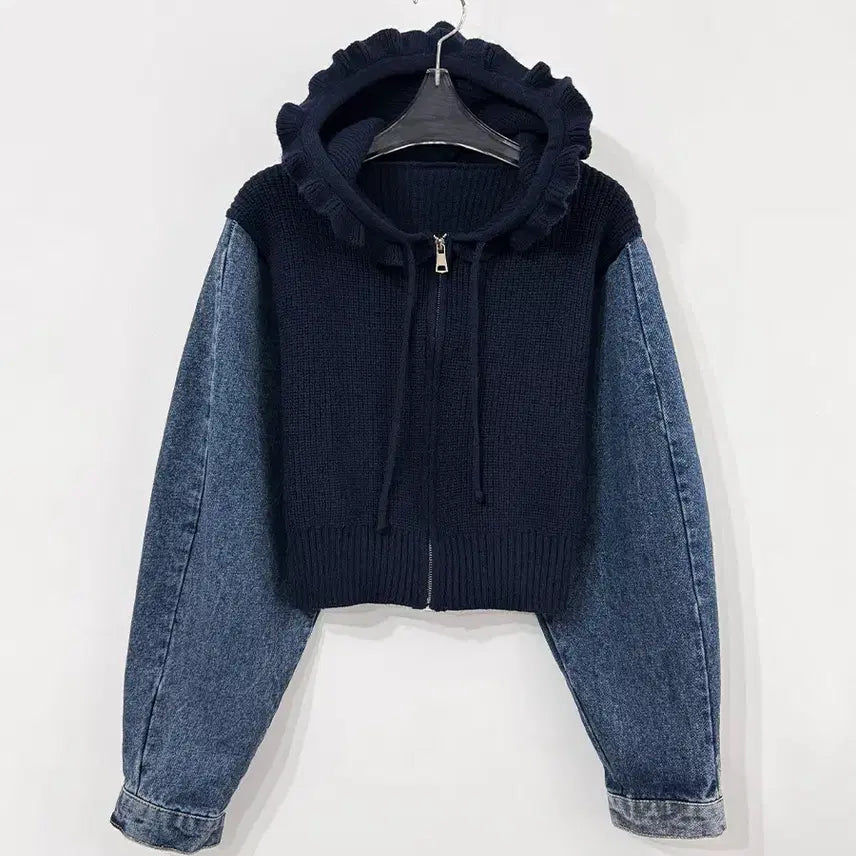 [BUNJANG] Denim Frill Knit Hoodie Jacket / 데님배색 프릴니트후드 집업 데님자켓 니트집업 여친룩 데이트룩 에이블리
