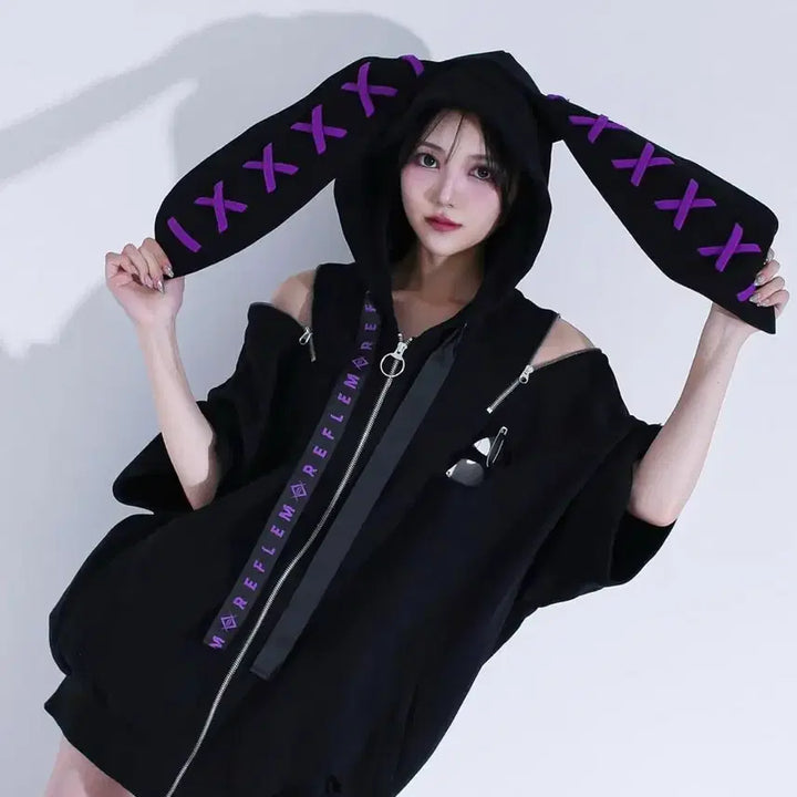 [BUNJANG] Reflem Usamimi Half-Sleeve Hoodie Zip-up / 레플렘 우사미미 반팔 후드집업 reflem 양산형 지뢰계