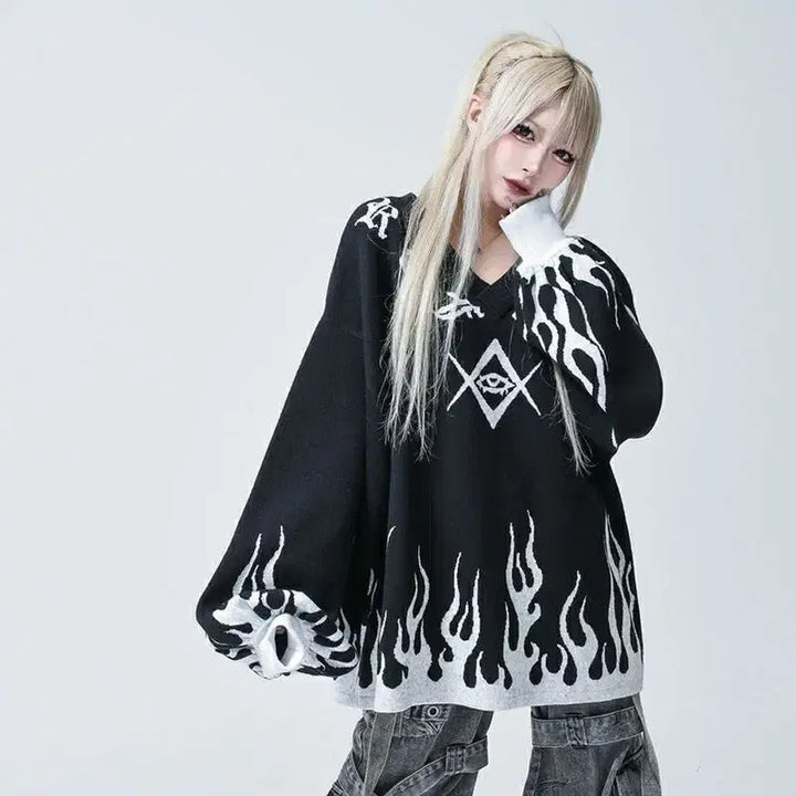 [BUNJANG] REFLEM Fire Pattern Pullover Knit / REFLEM 레플렘 파이어 패턴 풀오버 니트