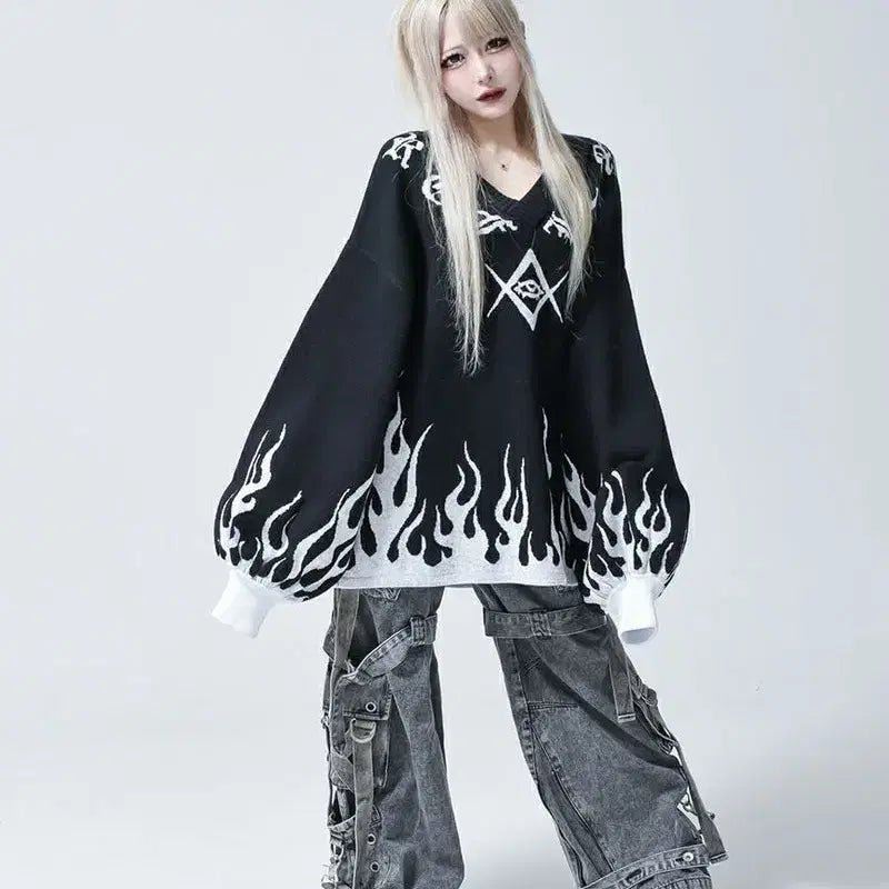 [BUNJANG] REFLEM Fire Pattern Pullover Knit / REFLEM 레플렘 파이어 패턴 풀오버 니트