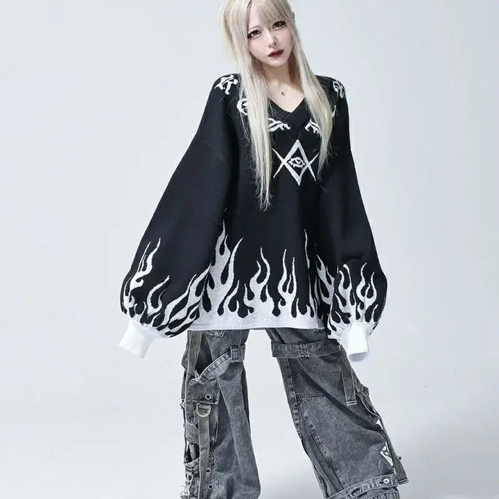 [BUNJANG] REFLEM Fire Pattern Pullover Knit / REFLEM 레플렘 파이어 패턴 풀오버 니트