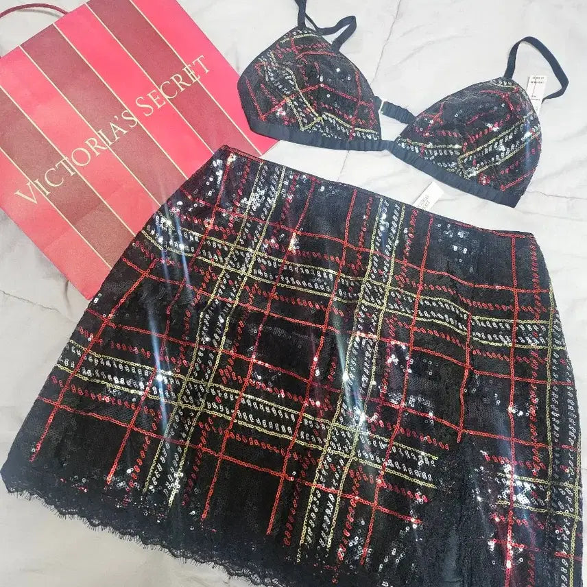 [BUNJANG] Victoria's Secret Sequin Checkered Lingerie Set / 텍 o 빅토리아시크릿 속옷 란제리 이벤트 체크 스팽글 브라 스커트 세트
