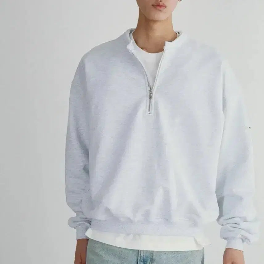 [BUNJANG] RECTO Low Edge Collar Stand Half Zip-Up Sweatshirt / [새상품] 렉토 로우 엣지 카라 스탠드 하프 집업 이서진 맨투맨 그레이
