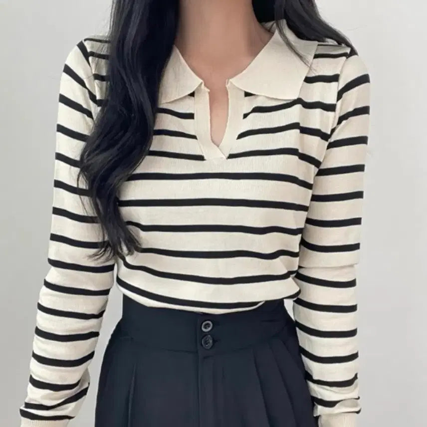 [BUNJANG] Striped Long Sleeve Knit Top / 카라 단가라 스트라이프 긴팔 니트
