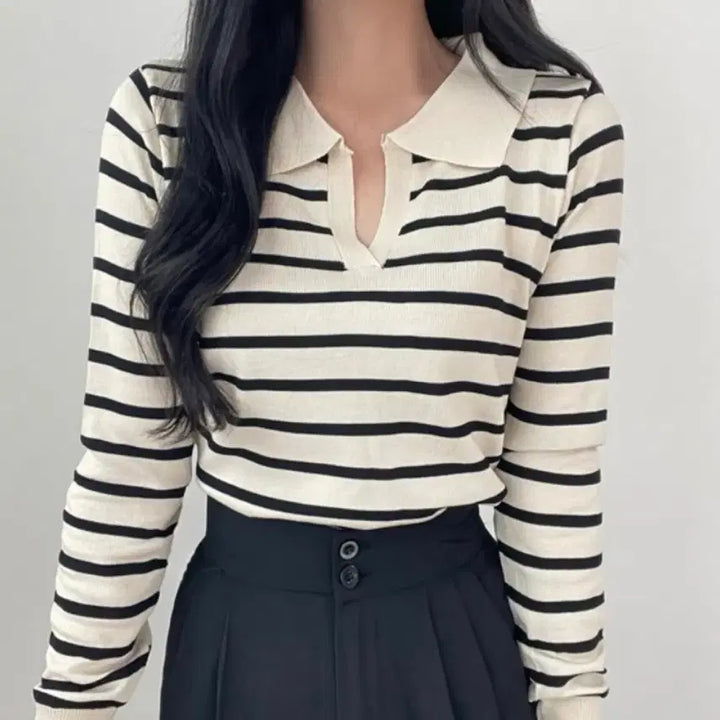 [BUNJANG] Striped Long Sleeve Knit Top / 카라 단가라 스트라이프 긴팔 니트