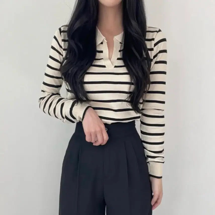 [BUNJANG] Striped Long Sleeve Knit Top / 카라 단가라 스트라이프 긴팔 니트