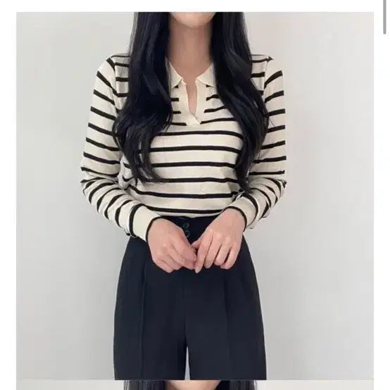 [BUNJANG] Striped Long Sleeve Knit Top / 카라 단가라 스트라이프 긴팔 니트