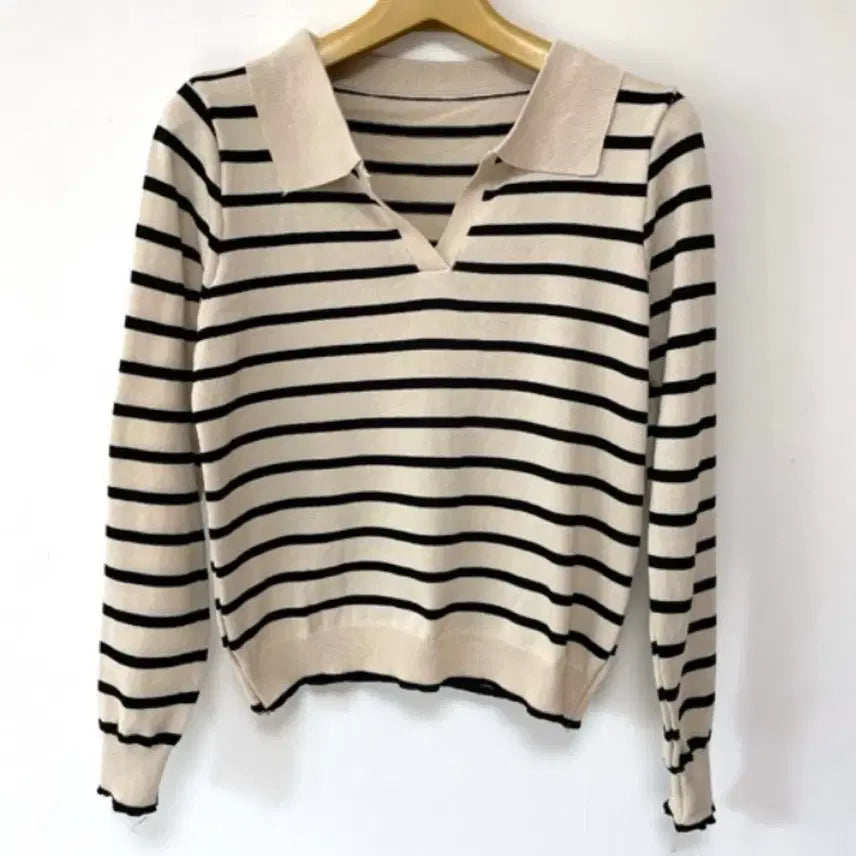 [BUNJANG] Striped Long Sleeve Knit Top / 카라 단가라 스트라이프 긴팔 니트