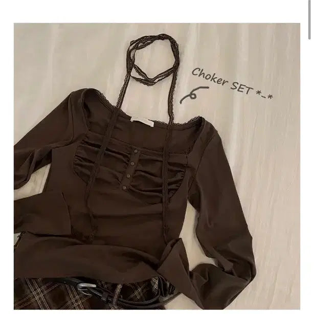 [BUNJANG] Zigzag Ruffle Square Neck Long Sleeve T-shirt / 지그재그 셔링 스퀘어넥 긴팔티서츠