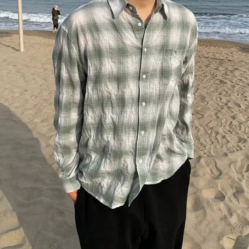 [SOLD OUT] 모마디자인 엠보 셔링 체크셔츠 그린 48