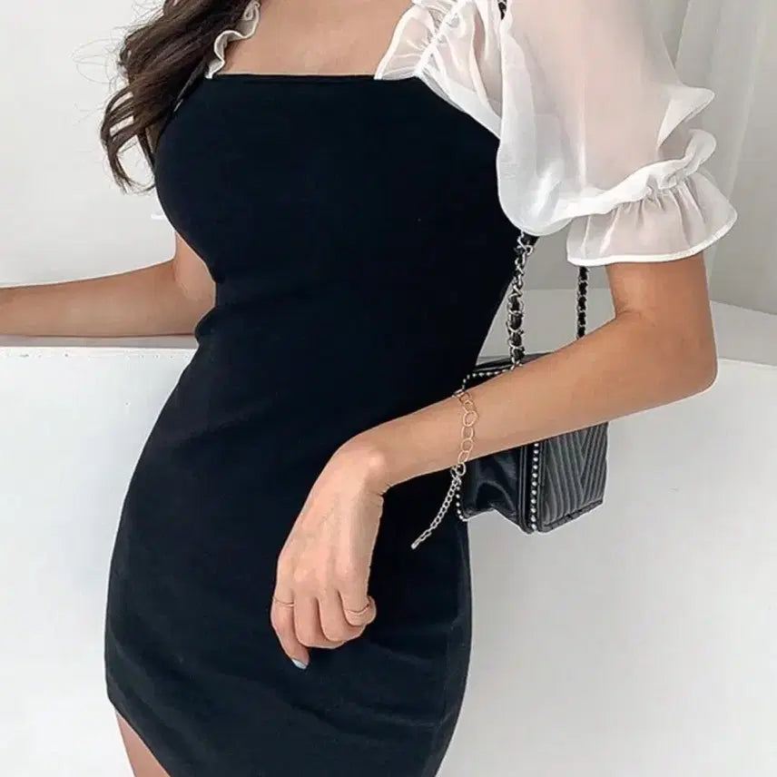 [BUNJANG] Black Summer Puff Sleeve Dress / 택 부착 새상품) 블랙 검정 여름 반팔 퍼프 원피스