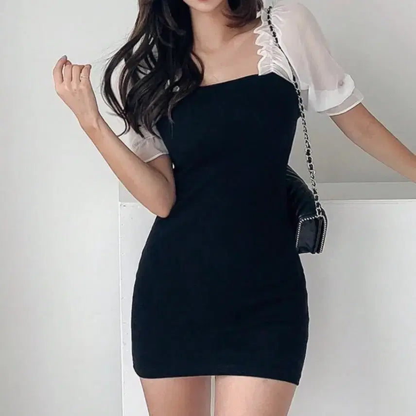 [BUNJANG] Black Summer Puff Sleeve Dress / 택 부착 새상품) 블랙 검정 여름 반팔 퍼프 원피스