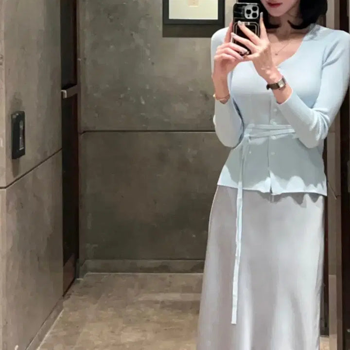 [SOLD OUT] [정가2.4 새상품] 드샤르에 사계절 벨트 가디건 Soft blue