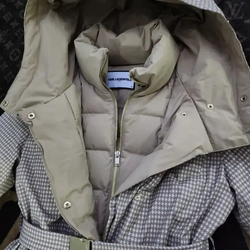 [BUNJANG] Karl Lagerfeld Houndstooth Pattern Hooded Padded Coat / 칼 라거펠트 후드 패딩 코트 견치 패턴