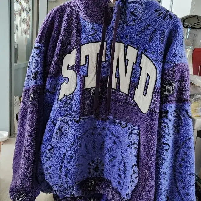 [BUNJANG] STAND Purple Paisley Sherpa Hoodie / STAND 퍼플 페이즐리 뽀글이 후드티
