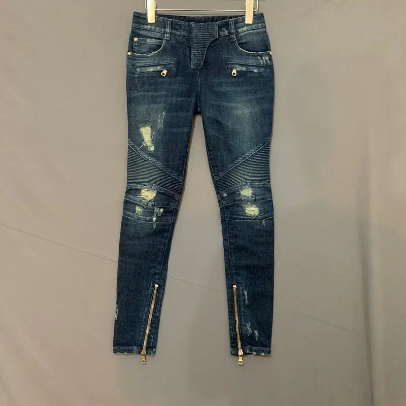 [BUNJANG] Balmain Distressed Biker Denim Jeans / 34 발망 데미지 바이커 스판 지퍼 데님 청바지