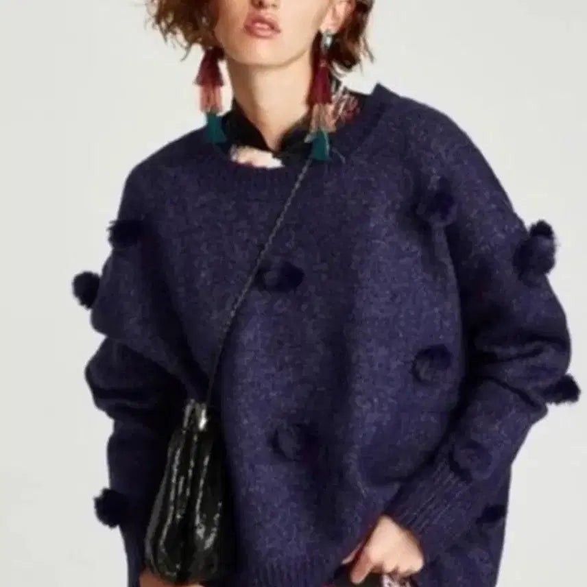 [BUNJANG] ZARA Pom-pom Blue Knit Sweater / 자라 니트 폼폼이 블루 스웨터