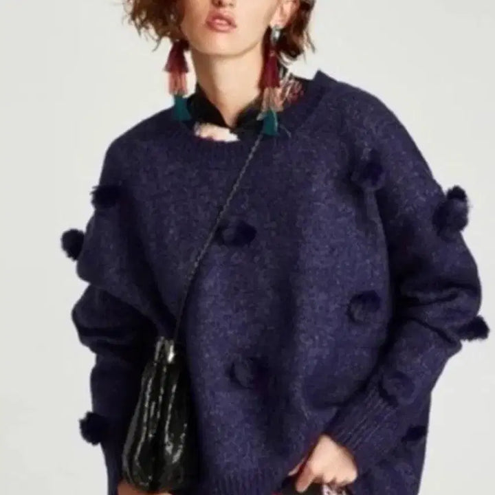 [BUNJANG] ZARA Pom-pom Blue Knit Sweater / 자라 니트 폼폼이 블루 스웨터