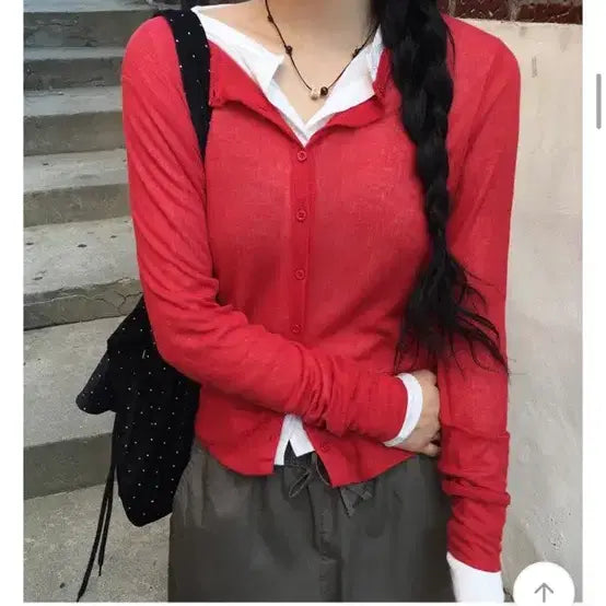 [BUNJANG] Red See-through Cardigan / 에이블리 레드 시스루 가디건