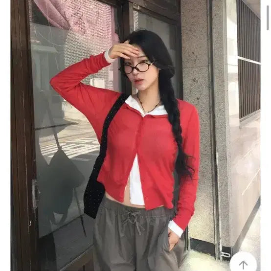 [BUNJANG] Red See-through Cardigan / 에이블리 레드 시스루 가디건