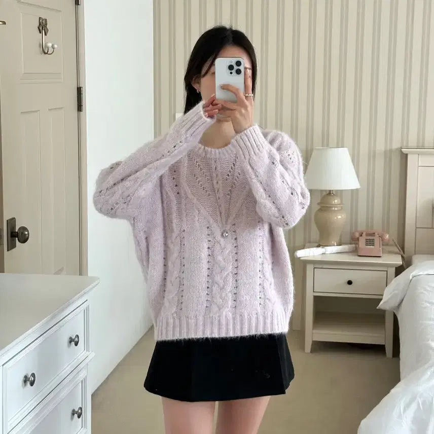 [BUNJANG] Purple Cable Knit Sweater / 연보라 꽈배기 니트 스웨터