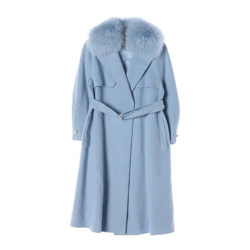 [BUNJANG] Renny Ron Fox Fur Handmade Wool Long Coat Light Blue / 레니본 천연모피 폭스 퍼 핸드메이드 울 롱 코트 라이트블루