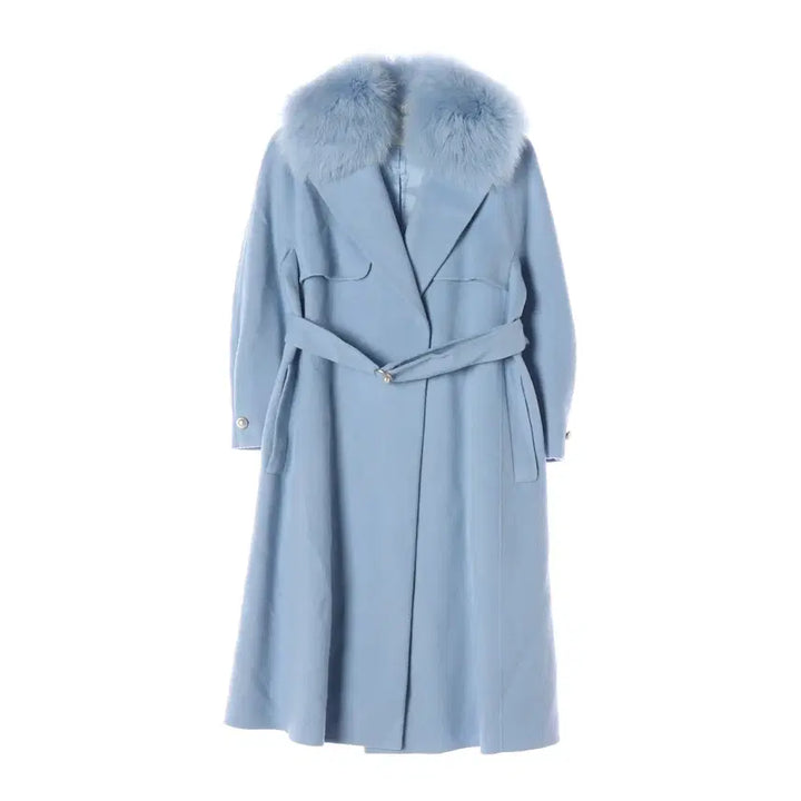 [BUNJANG] Renny Ron Fox Fur Handmade Wool Long Coat Light Blue / 레니본 천연모피 폭스 퍼 핸드메이드 울 롱 코트 라이트블루