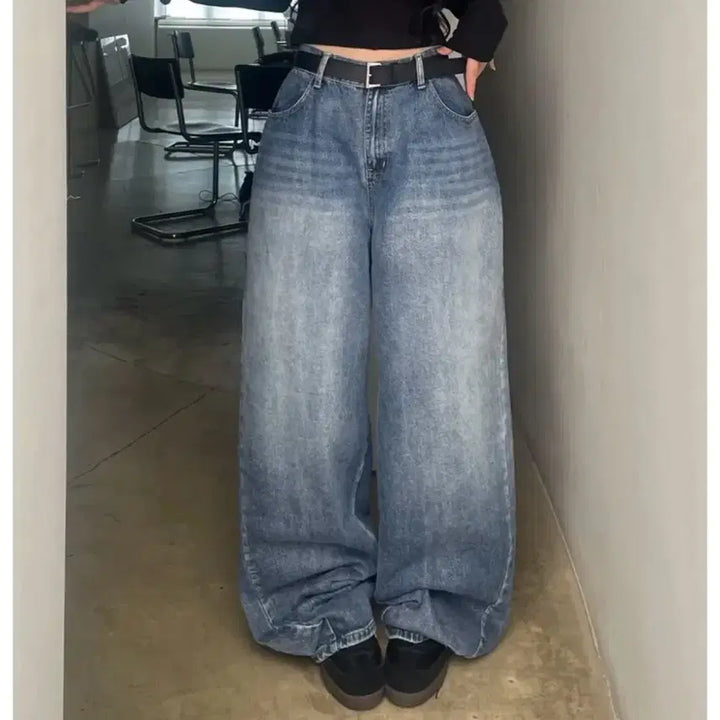 [BUNJANG] Washed Wide Denim Pants with Back Waistband / 뒷밴딩 워싱 와이드 데님 팬츠