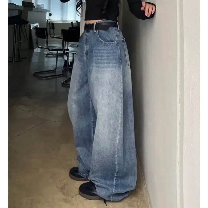 [BUNJANG] Washed Wide Denim Pants with Back Waistband / 뒷밴딩 워싱 와이드 데님 팬츠