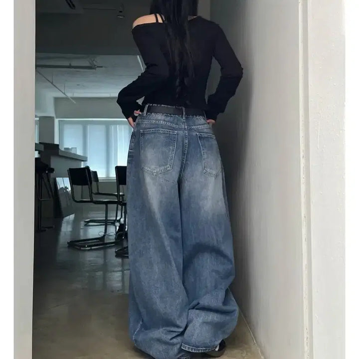 [BUNJANG] Washed Wide Denim Pants with Back Waistband / 뒷밴딩 워싱 와이드 데님 팬츠