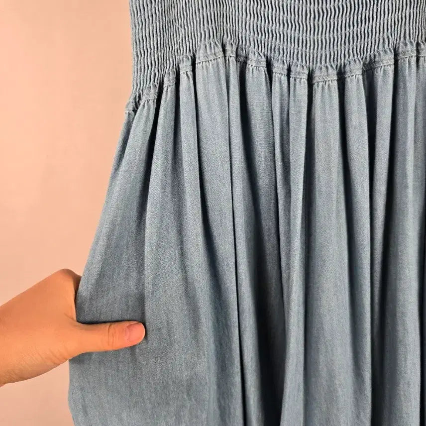 [BUNJANG] Bose 멜빵 Denim Jumpsuit / [무료배송]스모킹 밴딩 멜빵 맥시 레이온 데님 청 점프수트