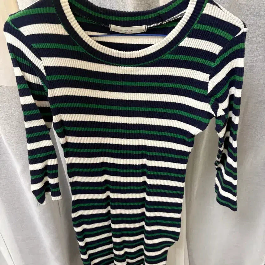 [BUNJANG] Striped Ribbed Mini Dress / 흰/녹/네이비 스트라이프 골지 원피스