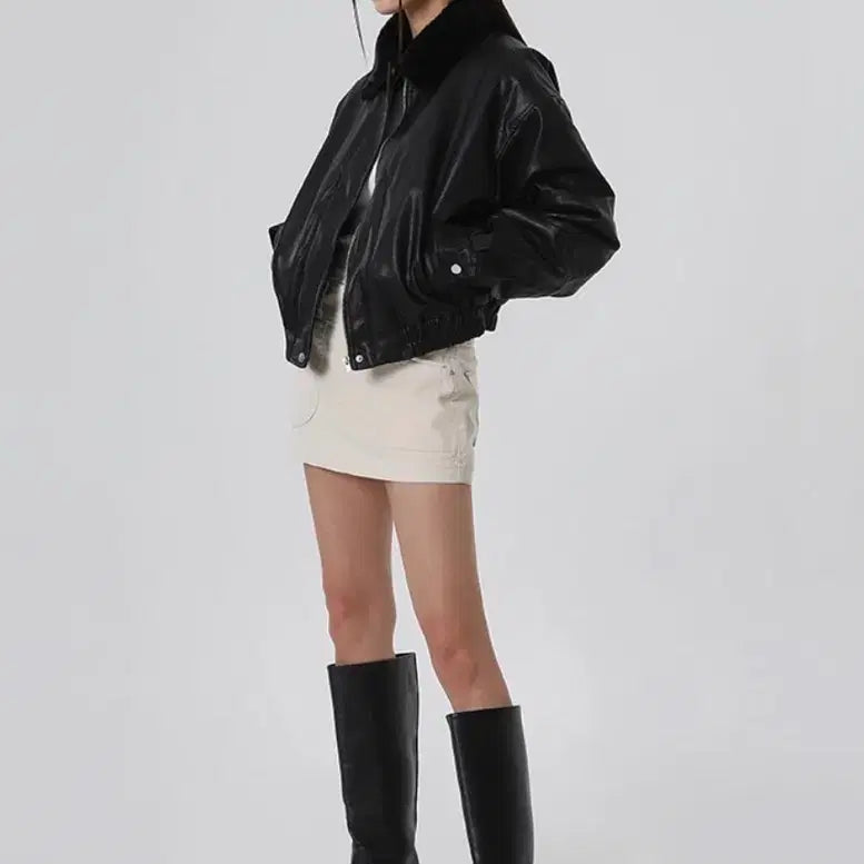 [BUNJANG] Black Up Fur Leather Blouson (Black) / 블랙업 퍼 레더 블루종(블랙)