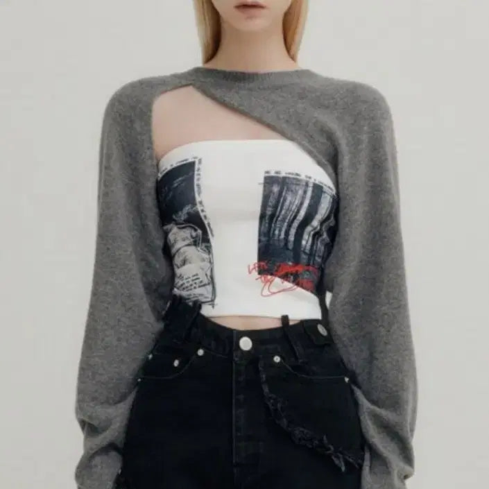 [BUNJANG] YUSE Unbalance Bolero Knit Top Gray / 유즈 언발란스 니트 볼레로 그레이